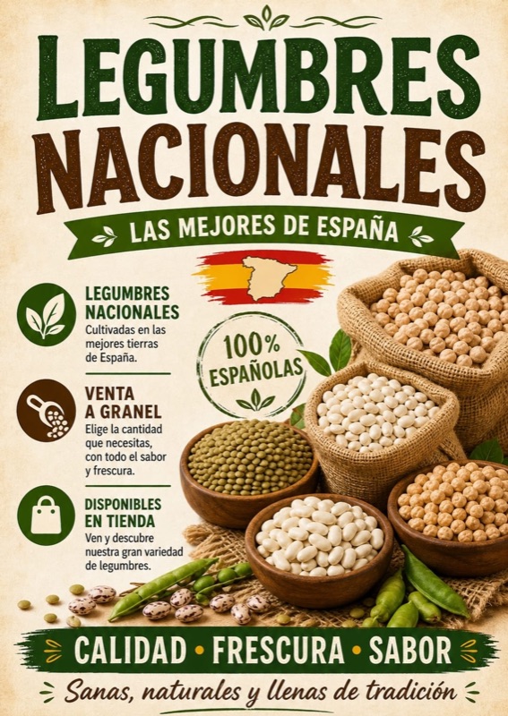 Cartel: Legumbres nacionales 100% españolas, venta a granel, disponibles en el puesto.