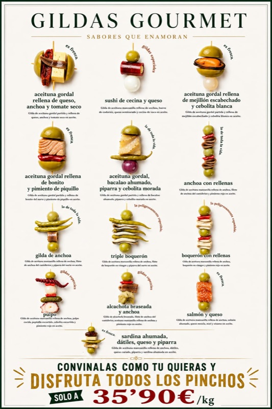Cartel Gildas Gourmet: 13 variedades elaboradas en el puesto (aceituna gordal rellena de queso y anchoa, sushi de cecina, mejillón escabechado, bonito y piquillo, bacalao ahumado, triple boquerón, pulpo, alcachofa braseada, salmón con queso, sardina con dátiles y más). Todas a 35,90 €/kg. El Rincón del Capricho.