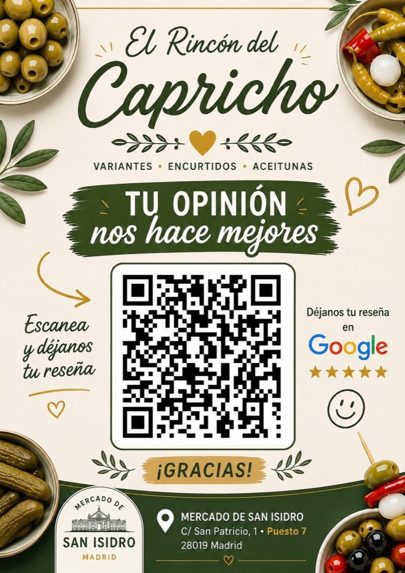 Cartel del puesto con QR para dejar reseña en Google: «El Rincón del Capricho · Tu opinión nos hace mejores · Escanea y déjanos tu reseña».
