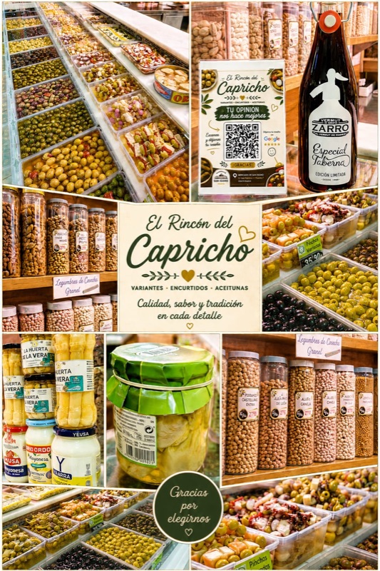 Vista del puesto: bandejas de aceitunas y encurtidos, estantería de legumbres a granel en botes etiquetados, conservas y vermut Zarro.